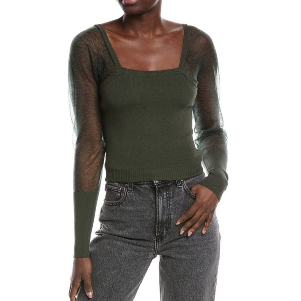 Olive Green Square Neck Sheer Sleeve Top